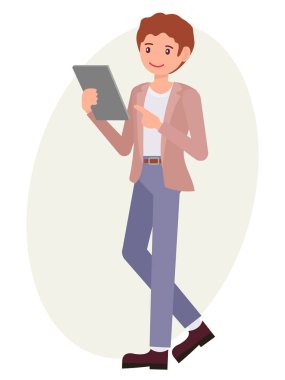 Çizgi film karakteri tasarım erkek saati ve tablet ile noktada