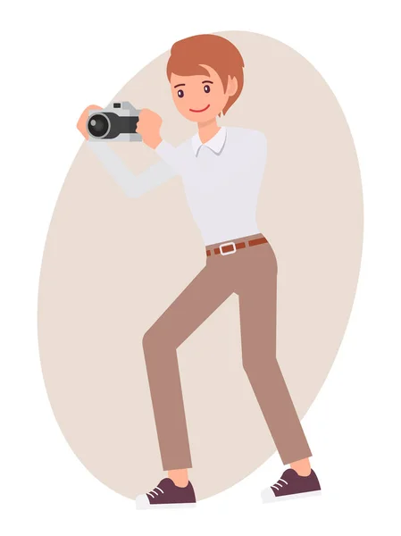 Dessin animé personnage conception mâle homme prendre des photos avec caméra — Image vectorielle