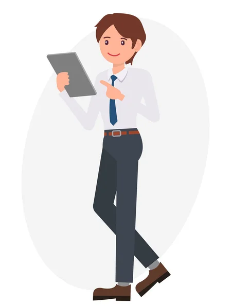 Desenho de desenho animado homem masculino assistir e apontar para tablet com — Vetor de Stock