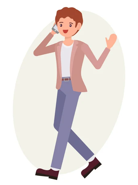 Dessin animé personnage conception mâle homme marche parler sur le téléphone chee — Image vectorielle