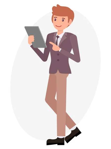 Cartoon conception de caractère mâle homme montre et pointent à la tablette avec — Image vectorielle