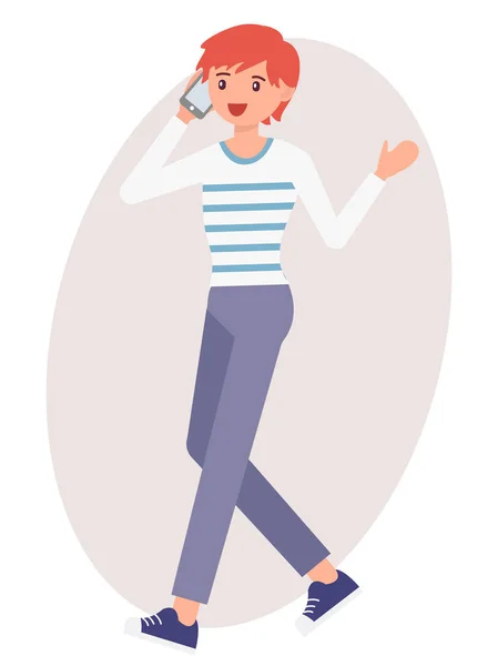 Dessin animé personnage conception mâle homme marche parler sur le téléphone chee — Image vectorielle
