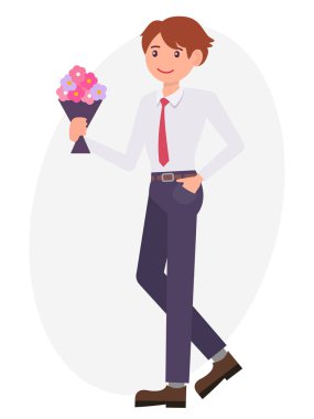 Karikatür karakter tasarım erkek çiçek buketi tutan bekle fo