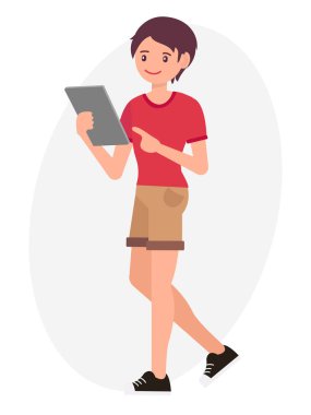 Çizgi film karakteri tasarım erkek saati ve tablet ile noktada