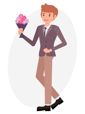 Karikatür karakter tasarım erkek çiçek buketi tutan bekle fo