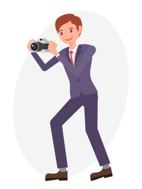 Çizgi film karakteri tasarım erkek fotoğraf makinesi ile resim çekmek