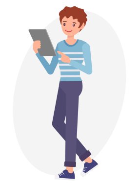 Çizgi film karakteri tasarım erkek saati ve tablet ile noktada