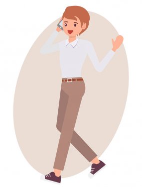 Çizgi film karakteri tasarım erkek erkek telefon chee üzerinde konuşma yürüme