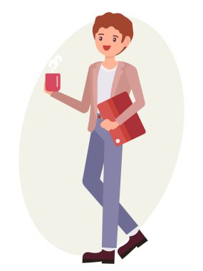 Çizgi film karakteri tasarım erkek office adam ayakta tutan kahve cu