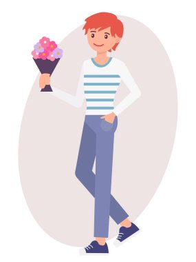 Buket içinde tutan karikatür karakter tasarım erkek genç çocuk standı