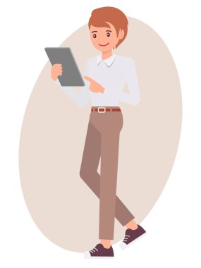 Çizgi film karakteri tasarım erkek stand izlerken işaretleme tablet