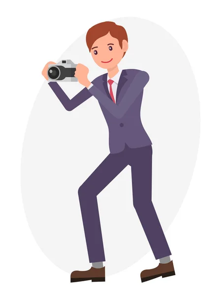 Cartoon personaggio design uomo uomo scattare foto con macchina fotografica — Vettoriale Stock