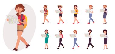 Çizgi film karakteri tasarım genç kız backpacker okuma ma