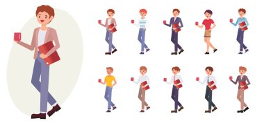 Çizgi film karakteri tasarım erkek office adam ayakta tutan kahve cu