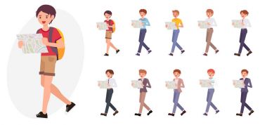 Çizgi film karakteri tasarım erkek genç çocuk backpacker izle harita loo