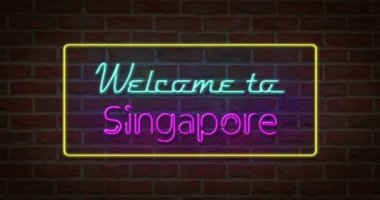 Neon metin iz tuğla arka planda Singapur'a Hoşgeldiniz