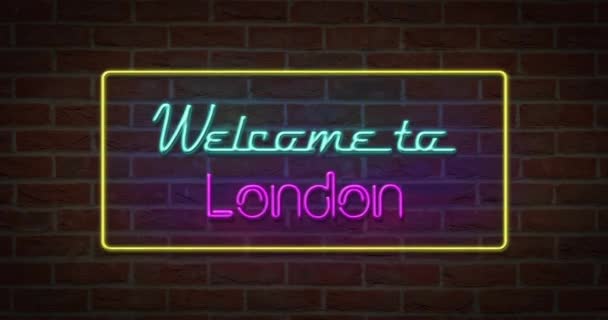 在砖背景下欢迎来到伦敦的霓虹灯文字符号 — 图库视频影像