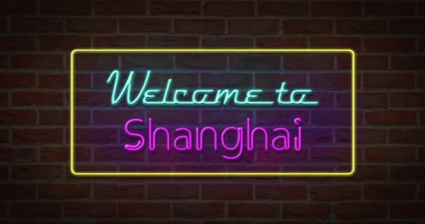 Texte Néon Bienvenue Shanghai Arrière Plan Brique — Video