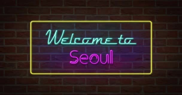 在砖背景下欢迎来到首尔的霓虹灯文字符号 — 图库视频影像