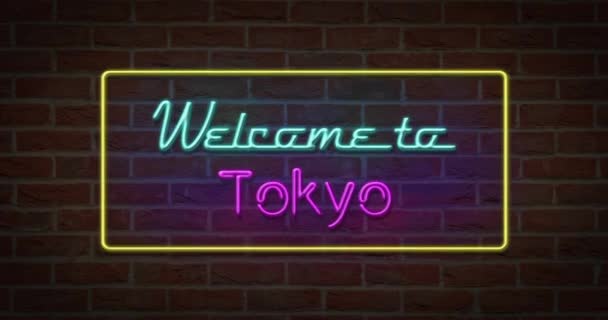 Neon Text Sign Welcome Tokyo Brick Background — Stock Video