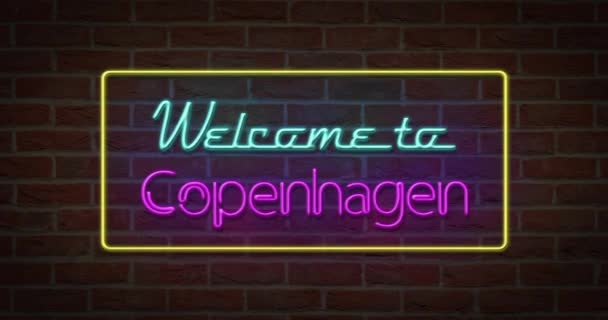 Texte Néon Bienvenue Copenhague Arrière Plan Brique — Video