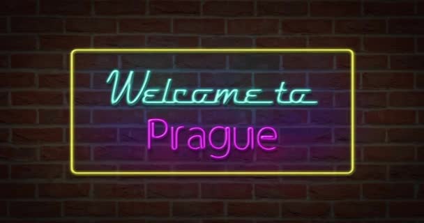 在砖背景下欢迎来到布拉格的霓虹灯文字符号 — 图库视频影像