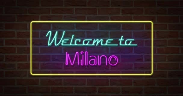 在砖背景下欢迎来到米兰的霓虹灯文字符号 — 图库视频影像
