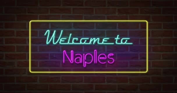 Texte Néon Bienvenue Naples Arrière Plan Brique — Video