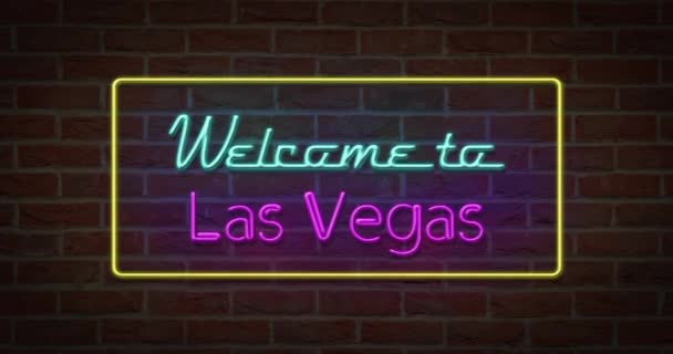 Signo Texto Neón Bienvenido Las Vegas Fondo Ladrillo — Vídeos de Stock