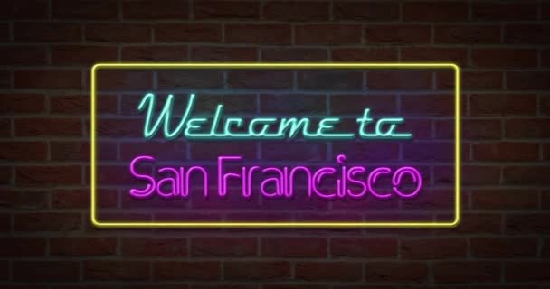 Signo Texto Neón Bienvenido San Francisco Fondo Ladrillo — Vídeo de stock