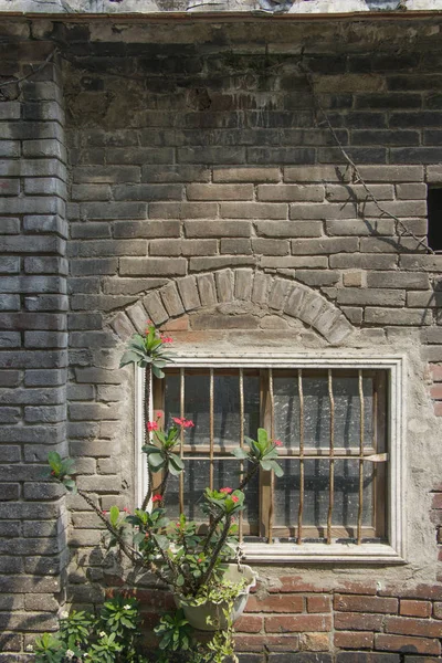 Vecchia rovina muro in gesso di mattoni e rustico vaso di pianta finestra natura — Foto Stock