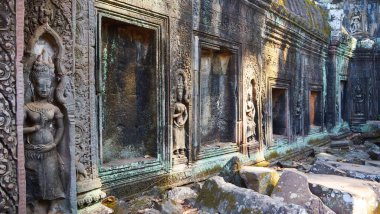 Angkor Wat kompleksindeki Ta Prohm Tapınağında taş oyma sanatı,