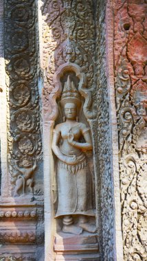 Angkor Wat kompleksindeki Ta Prohm Tapınağında taş oyma sanatı,