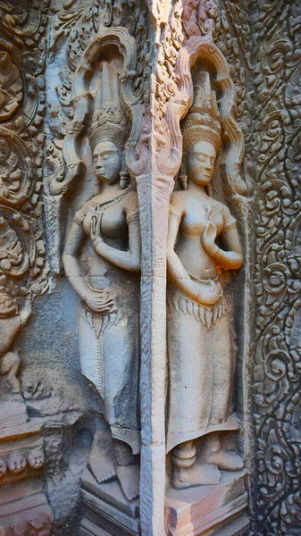 Angkor Wat kompleksindeki Ta Prohm Tapınağında taş oyma sanatı, — Stok fotoğraf