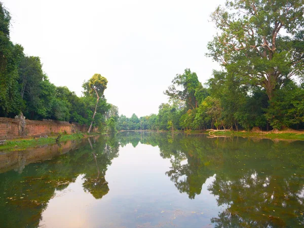 Landscape view of pond and tree reflection at Preah Khan temple