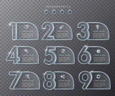 Vektör bilgi tasarımı Ui şablonu şeffaf cam etiketleri ve simgeler. İş konsepti sunumu için ideal pankart iş akışı düzeni ve süreç diyagramı.