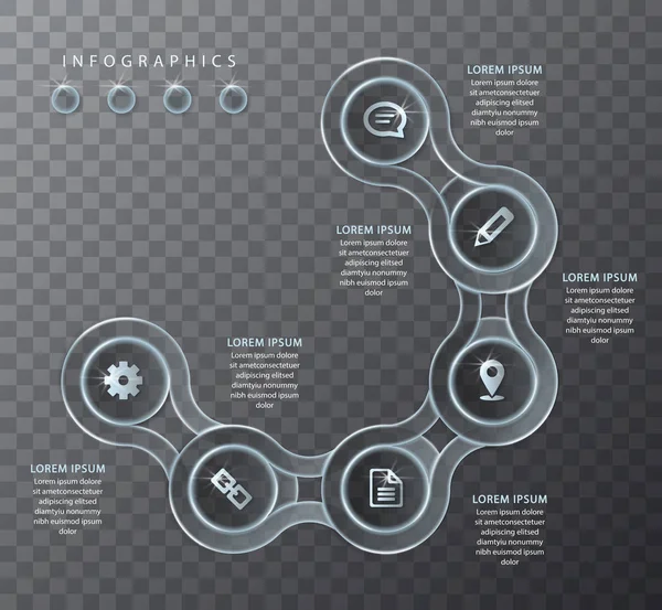 Projeto infográfico vetorial UI modelo transparente vidro redondo rótulos quadro de cadeia e ícones. Ideal para layout de fluxo de trabalho de banner de apresentação de conceito de negócios e diagrama de processo . — Vetor de Stock