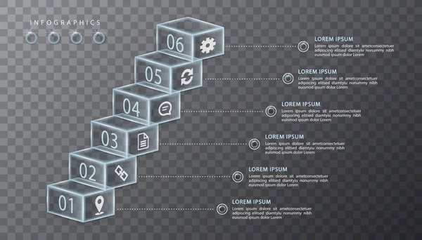 Diseño de infografía vectorial plantilla de IU caja cúbica de vidrio transparente e iconos. Ideal para diseño de flujo de trabajo de banner de presentación de concepto de negocio y diagrama de proceso . — Archivo Imágenes Vectoriales