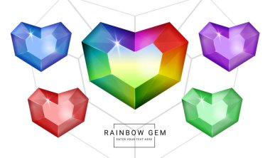 Gökkuşağı renginde fantezi mücevherler, oyun için kalp şeklinde taşlar..