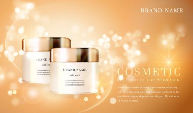 3D şeffaf kozmetik şişe kabı. Parlak altın parıldayan arka plan şablon afişi..