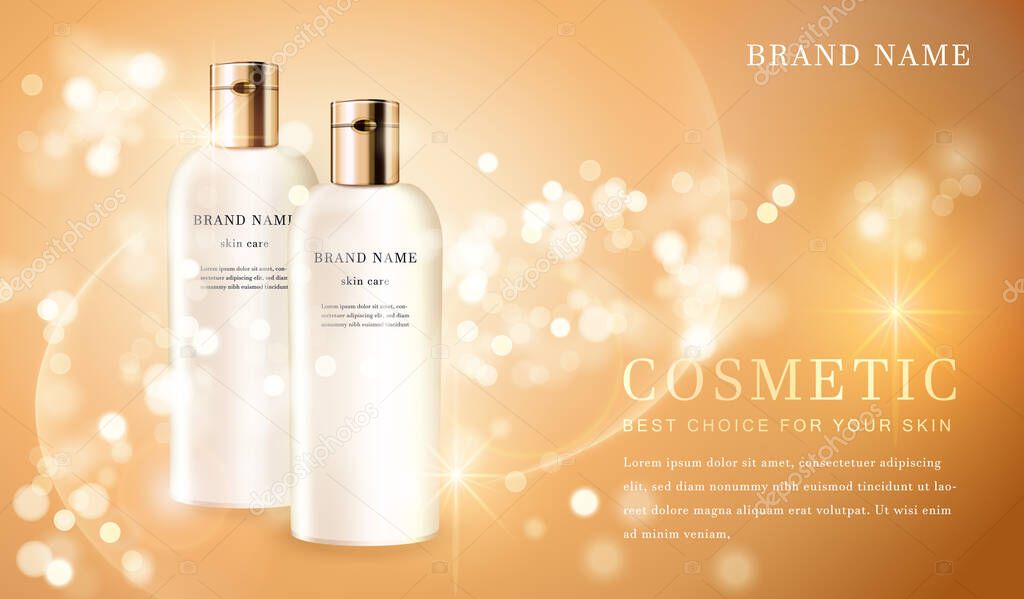 3D transparent cosmetic bottle container with shiny golden glimmering background template banner.