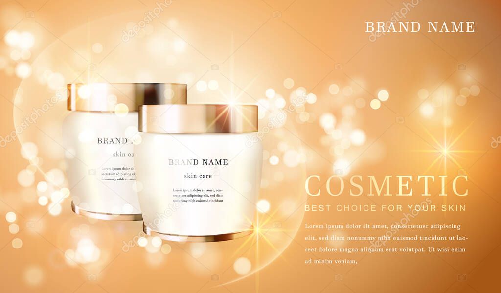 3D transparent cosmetic bottle container with shiny golden glimmering background template banner.