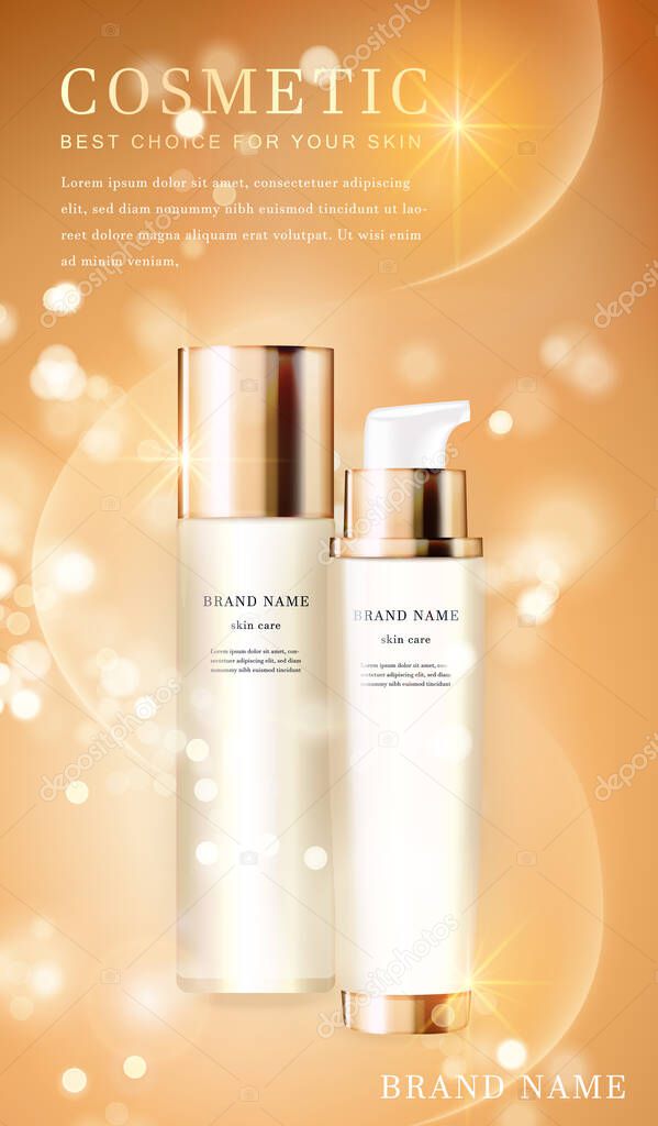 3D transparent cosmetic bottle container with shiny golden glimmering background template banner.