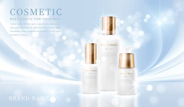 3D zarif kozmetik şişe kabı. Parlak, mavi, ışıltılı arka plan şablon pankartı..