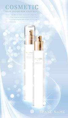 3D zarif kozmetik şişe kabı. Parlak, mavi, ışıltılı arka plan şablon pankartı..