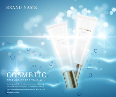 Parlak su parıldayan arka plan şablon pankartlı 3D zarif kozmetik şişe kabı.