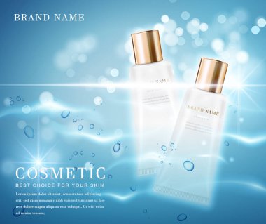 Parlak su parıldayan arka plan şablon pankartlı 3D zarif kozmetik şişe kabı.