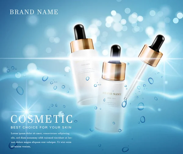 Envase Botella Cosmética Elegante Con Banner Plantilla Fondo Reluciente Agua — Vector de stock