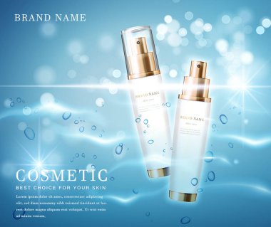 Parlak su parıldayan arka plan şablon pankartlı 3D zarif kozmetik şişe kabı.