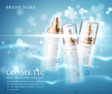 Parlak su parıldayan arka plan şablon pankartlı 3D zarif kozmetik şişe kabı.